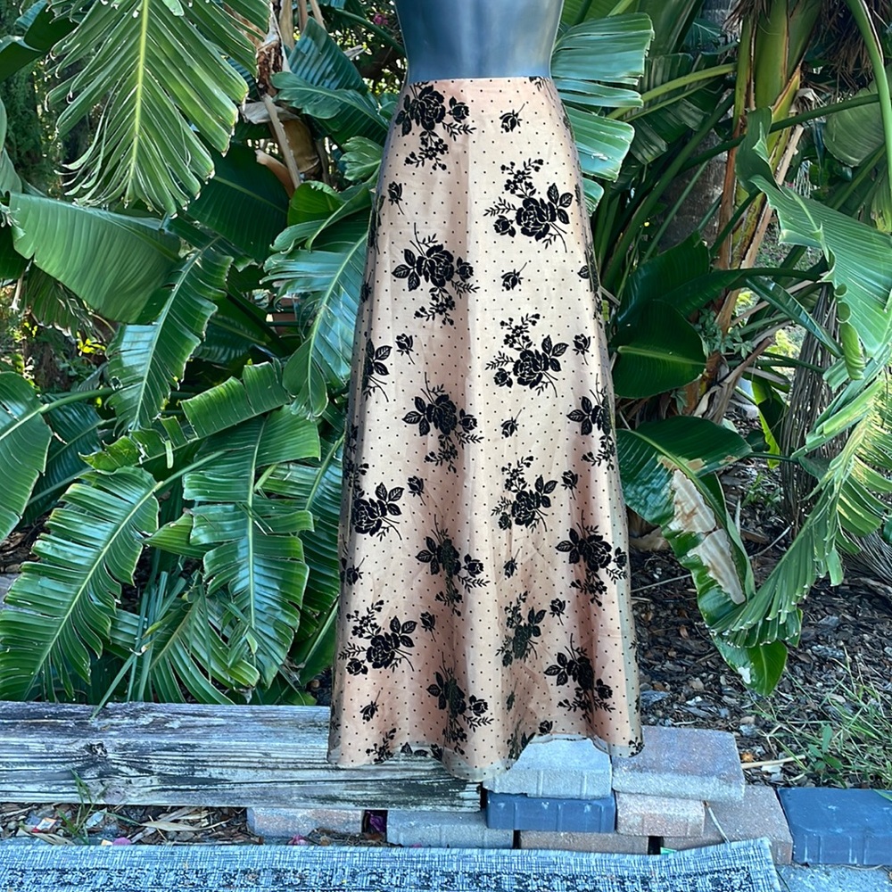 Coldwater creek flocked velvet floral, and polkadot gold metallic skirt